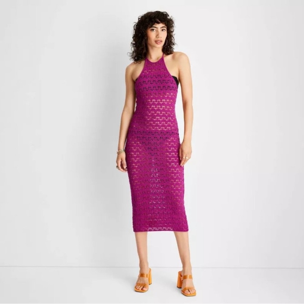 Future Collection Alani Noelle Halter Tie Neck Open Knit Crochet Dress Cover up